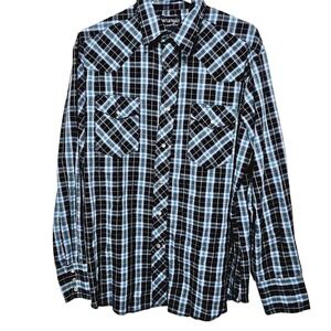 Wrangler Western Shirt Mens Large Blue Black Plaid Pearl Snap Cowboycore Outdoor